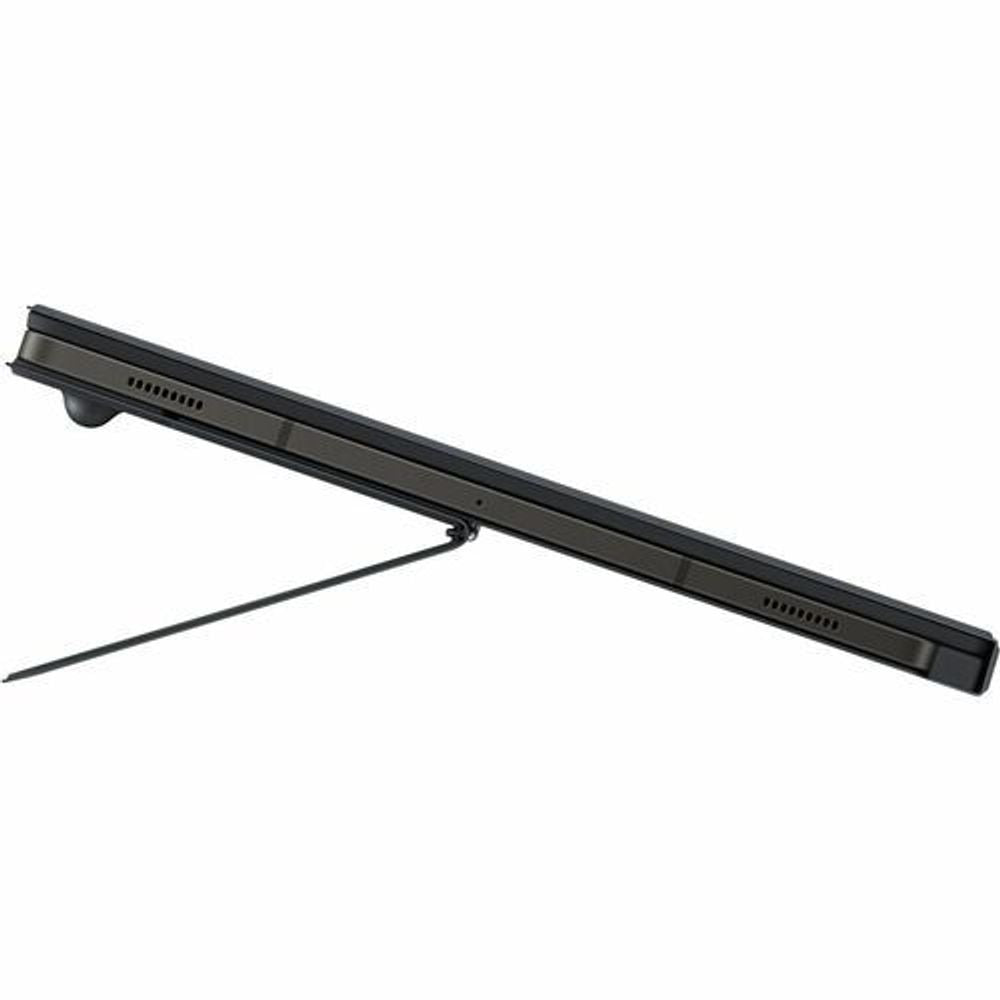 Black book-fold stand cover for tablet with side edge and hinge cutouts.