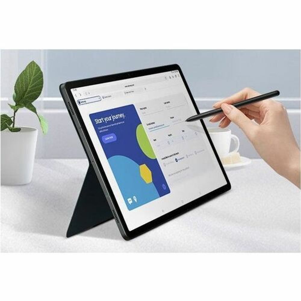 Black book-fold keyboard cover case for Galaxy Tab S9+ tablet, standing with stylus