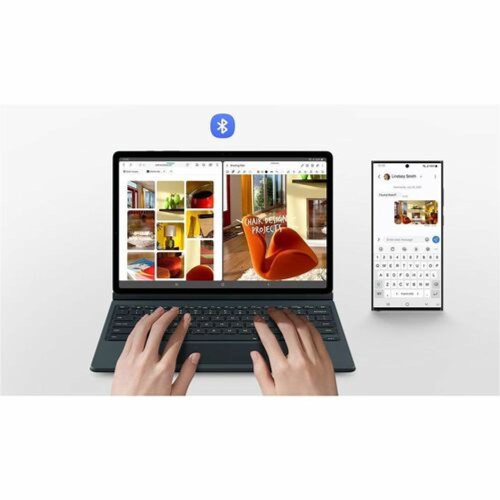 Keyboard folio case in use; hands typing with Bluetooth icon on tablet screen.