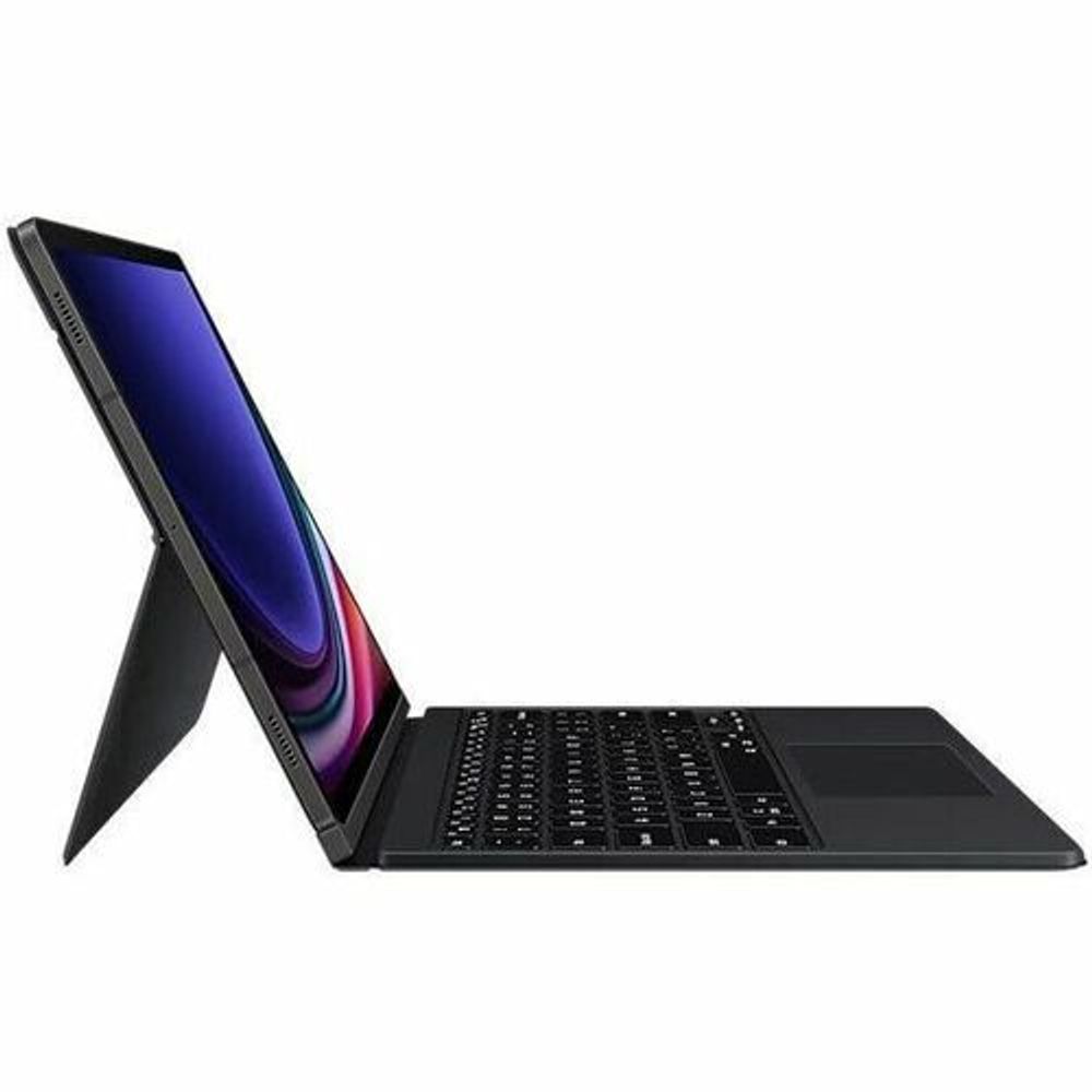 Black keyboard folio case with tablet propped upright and keys visible.
