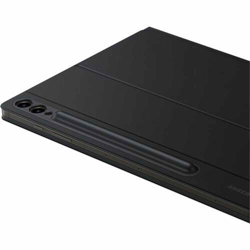 Black back of tablet keyboard case with long side button cutouts.