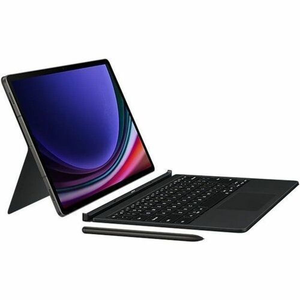 Black folio keyboard case with tablet propped open and keyboard docked.