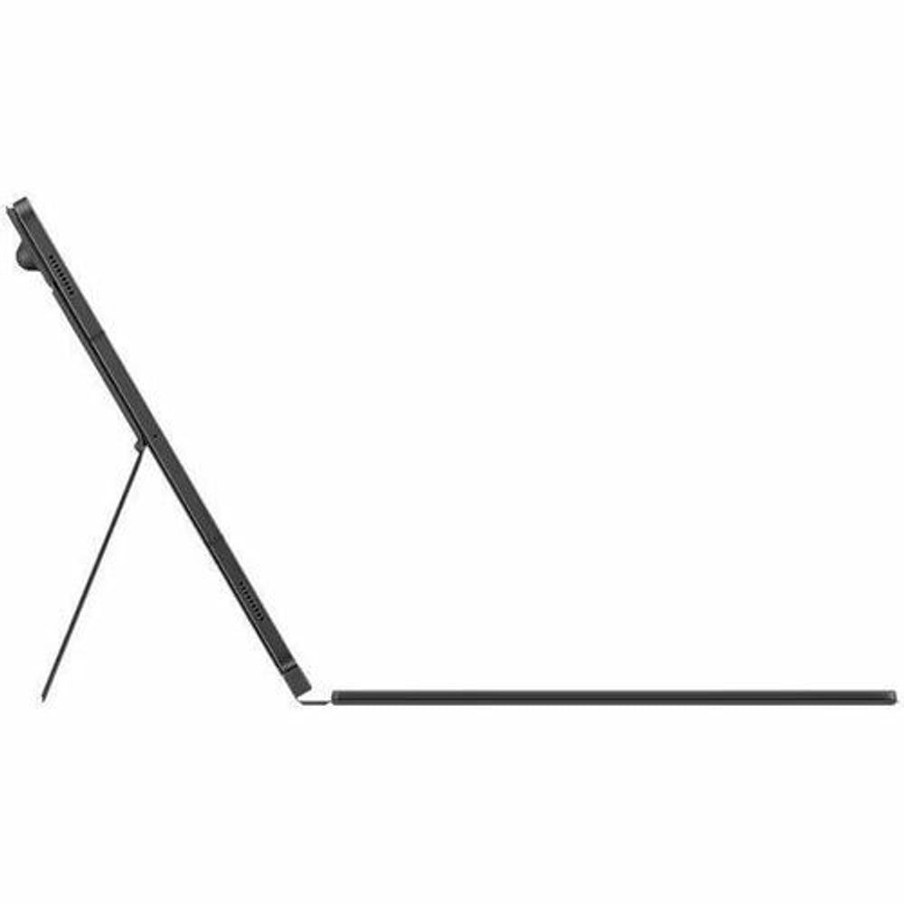 Black tablet cover with adjustable stand for angled viewing and keyboard base.