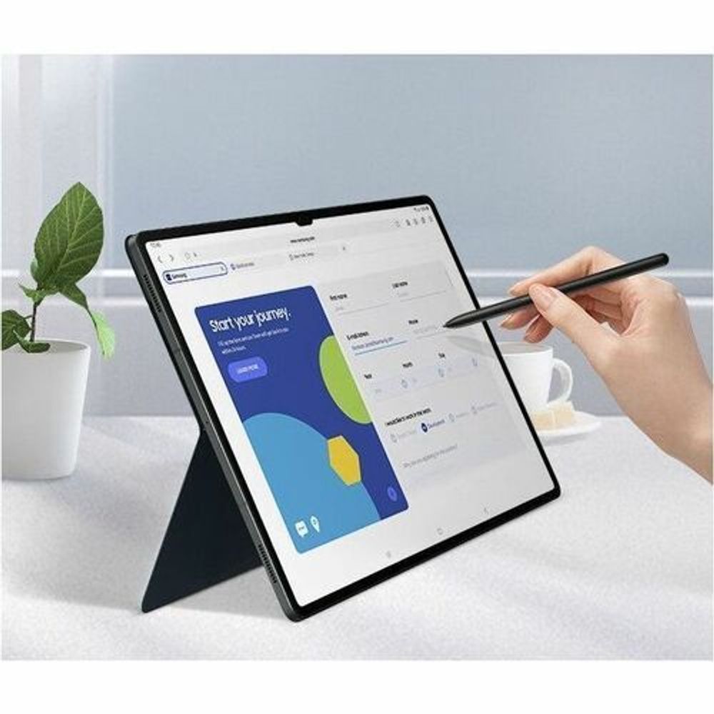 Black folio keyboard cover case propped up for typing and stylus use