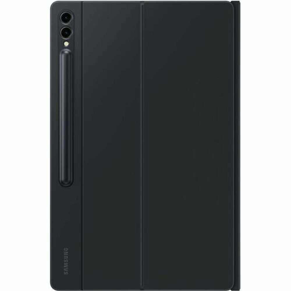 Black tablet cover case back with camera cutout and vertical accessory slot