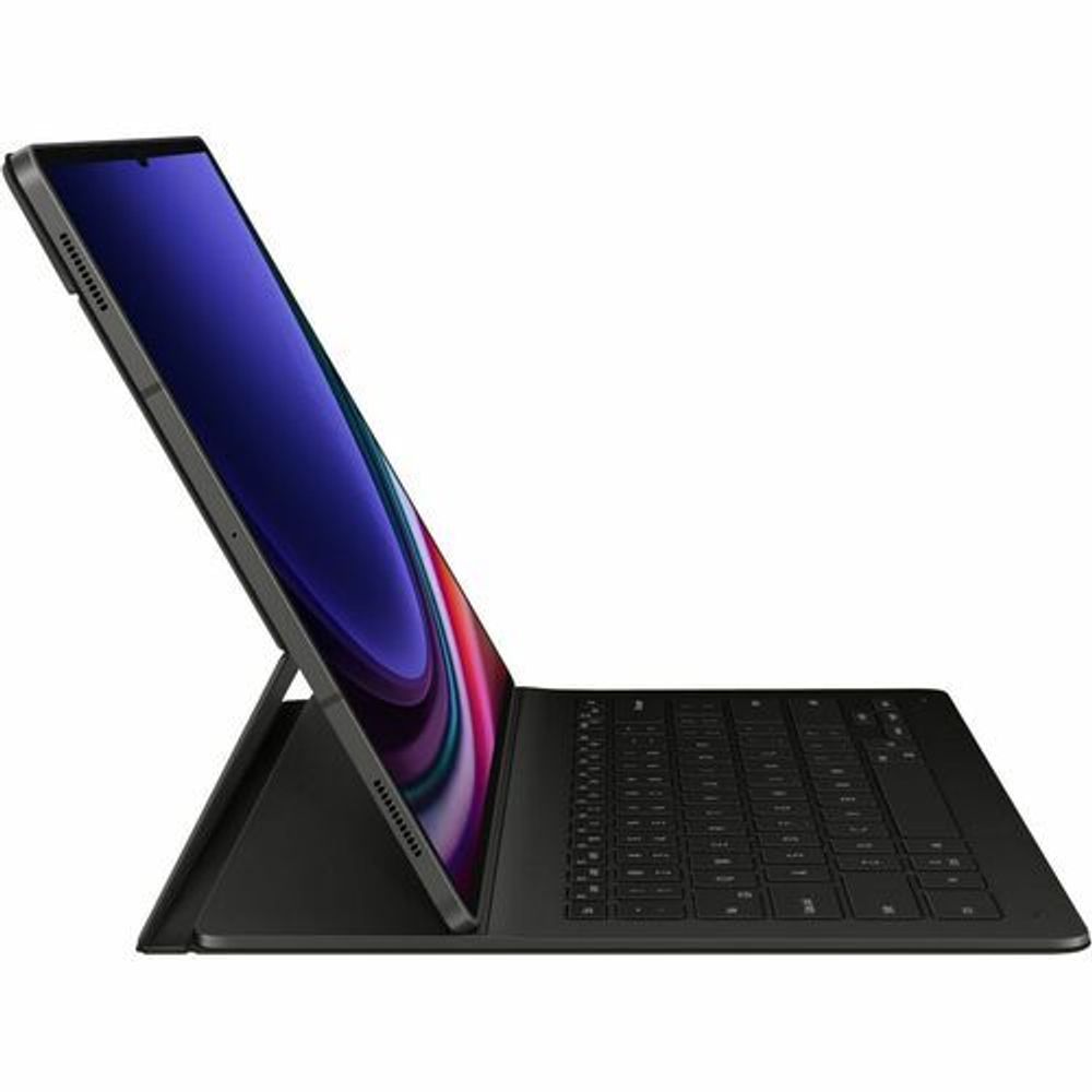 Black book-fold keyboard cover case propped upright for typing