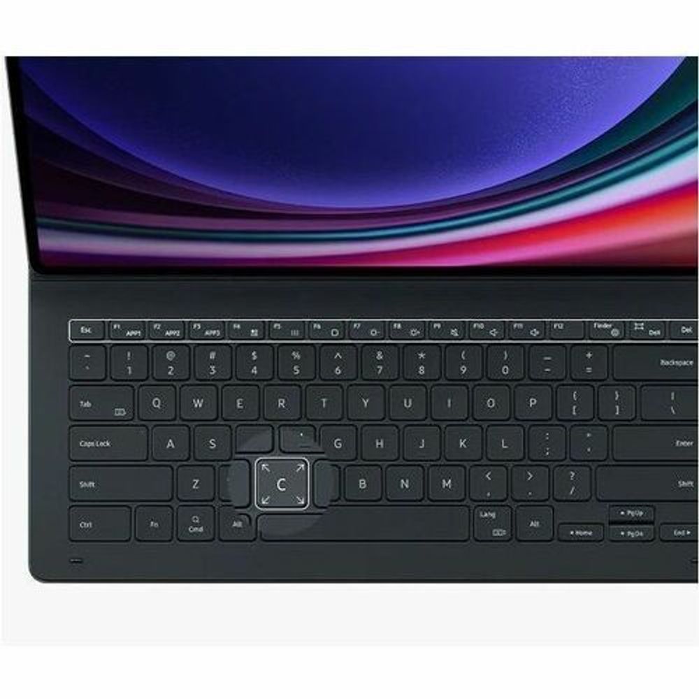 Close-up of black keyboard keys on a book-fold tablet case
