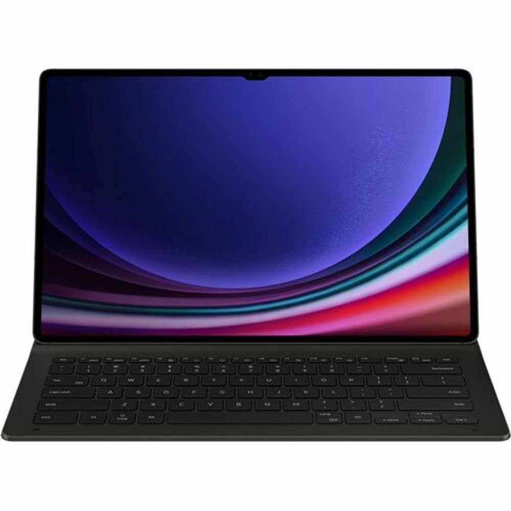 Black book-fold keyboard case open with full keyboard and tablet display