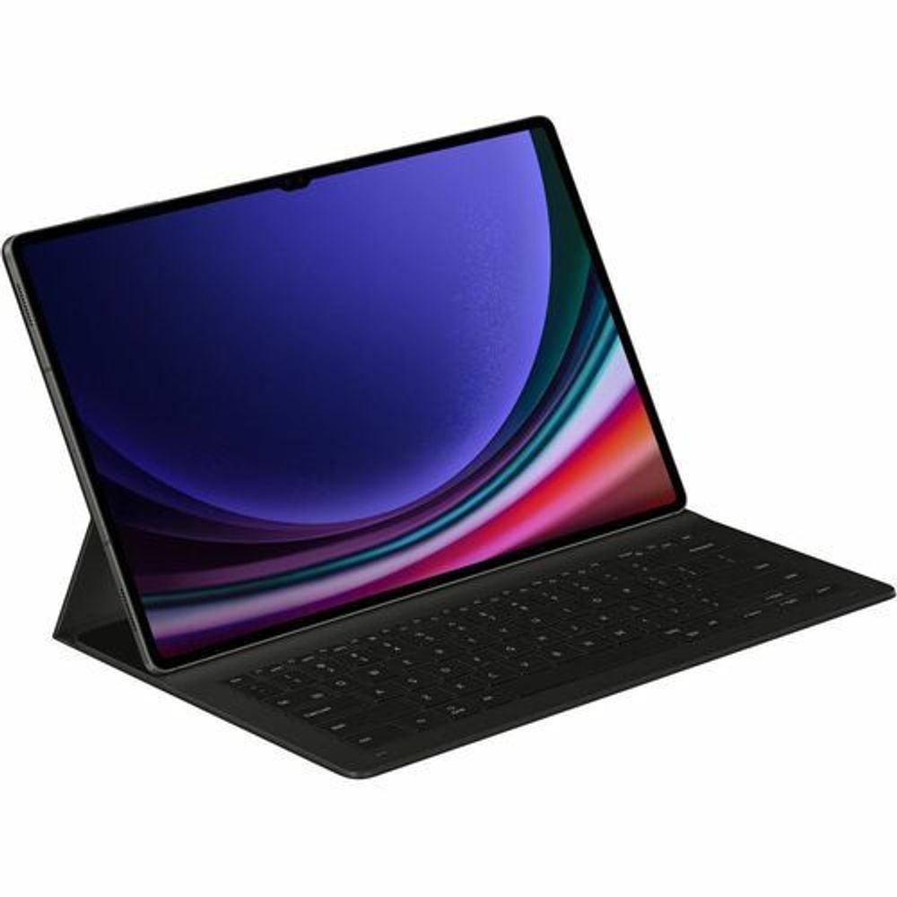Black keyboard cover case folded open, supporting tablet at an angle