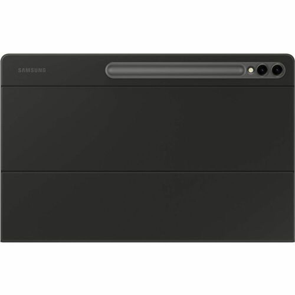 Black book-fold keyboard case back view with camera cutout and bar