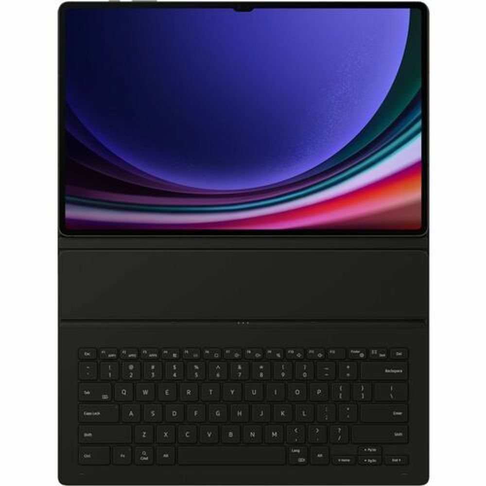 Black keyboard case front view with keys visible and tablet screen