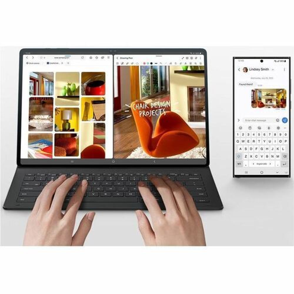 Book-fold tablet keyboard case opened flat with hands typing on built-in keyboard