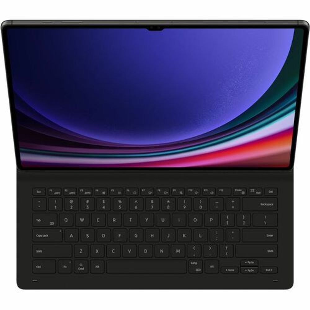 Black keyboard case open, showing tablet display and keyboard surface