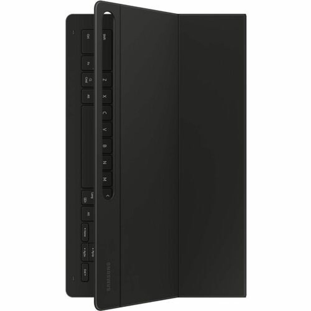 Black book-fold keyboard case folded closed with layered cover panels