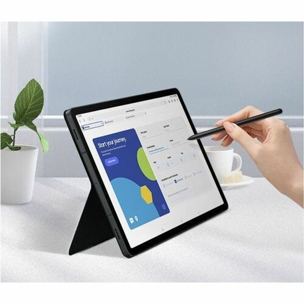 Samsung keyboard cover case in tent mode, hand writing on a tablet screen.
