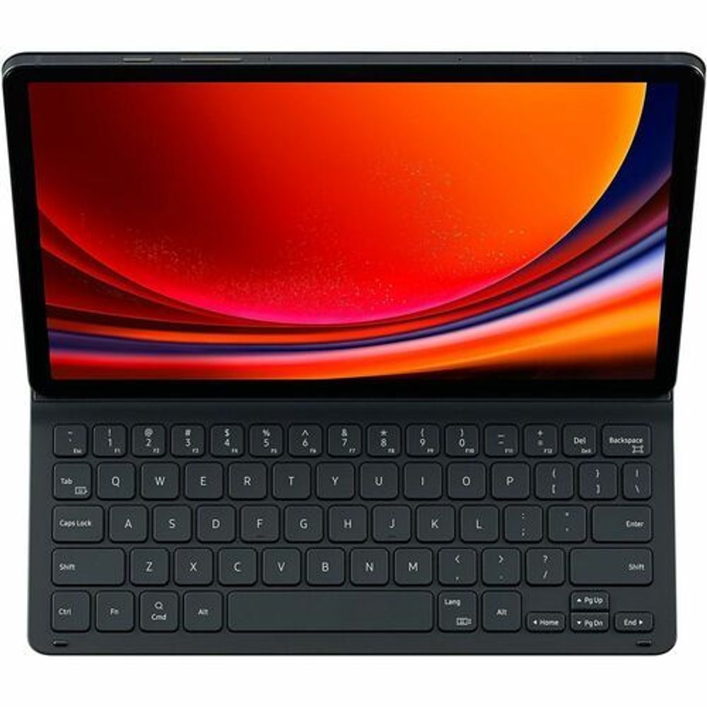 Keyboard folio case with black keys and front view of orange screen