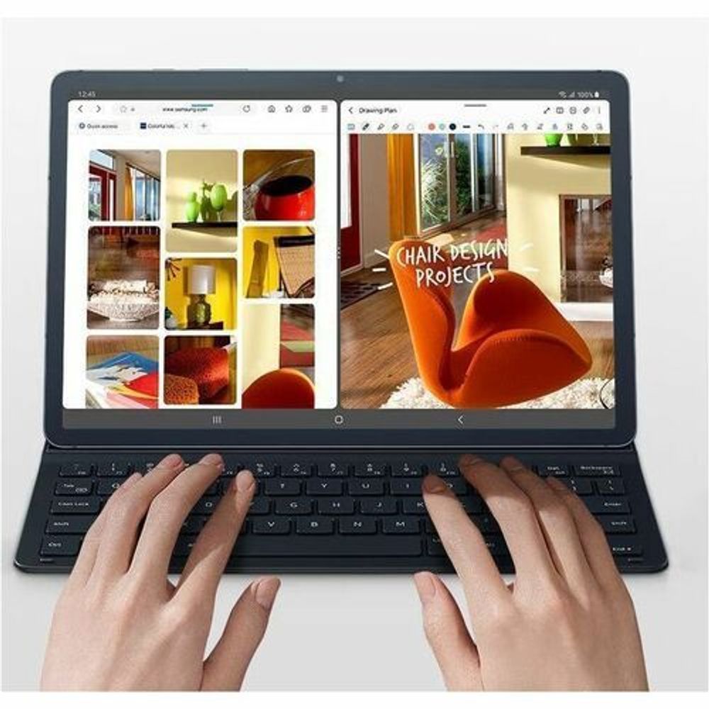 Tablet keyboard case with folio cover open and hands typing