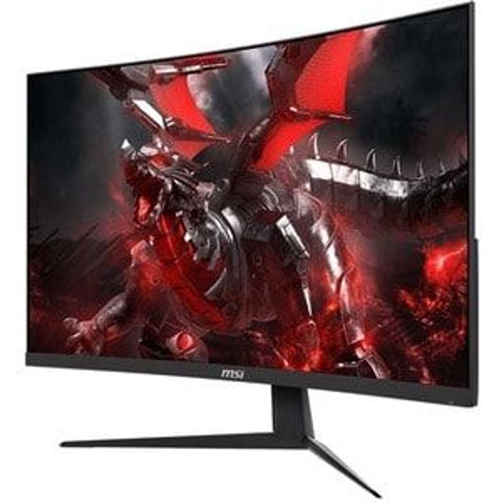 Curved gaming LCD monitor showing red sci-fi game screen