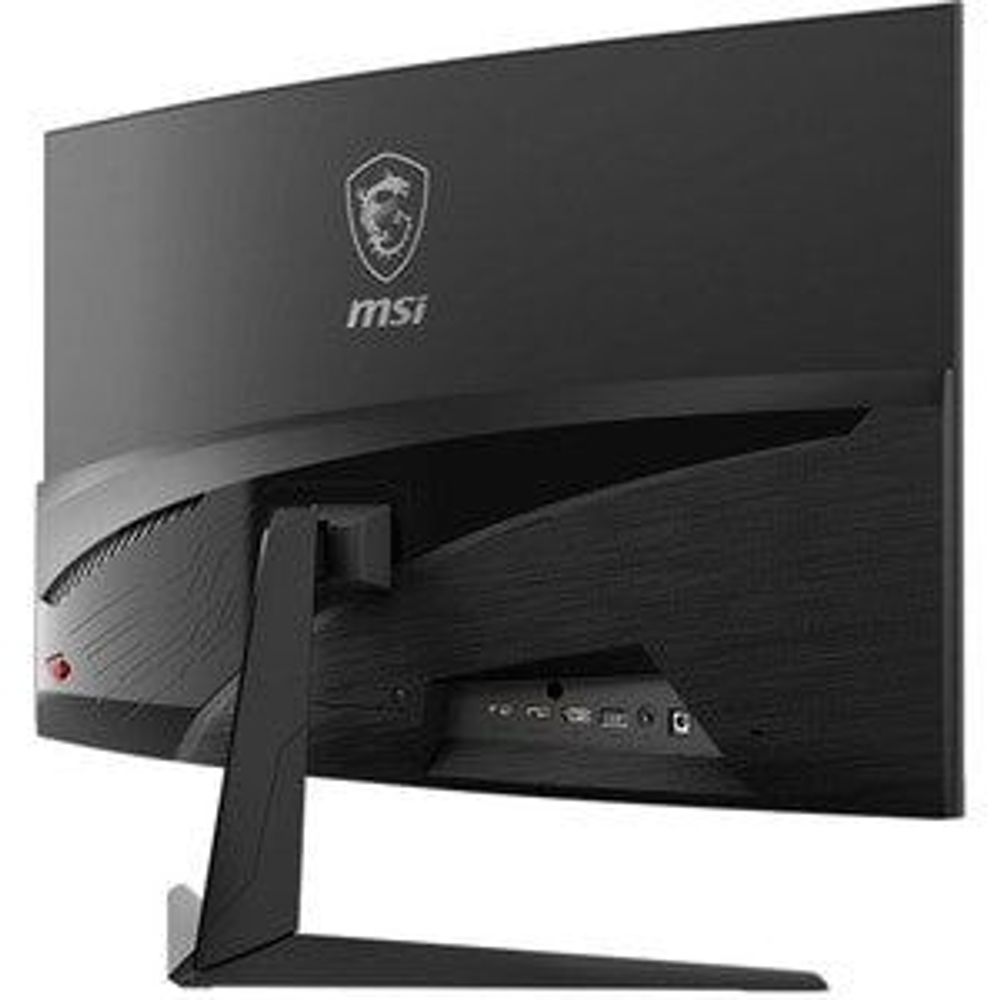 MSI curved gaming monitor rear corner with V-shaped stand and ports