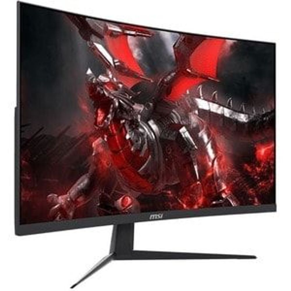 Curved gaming LCD monitor angled front view with red game artwork