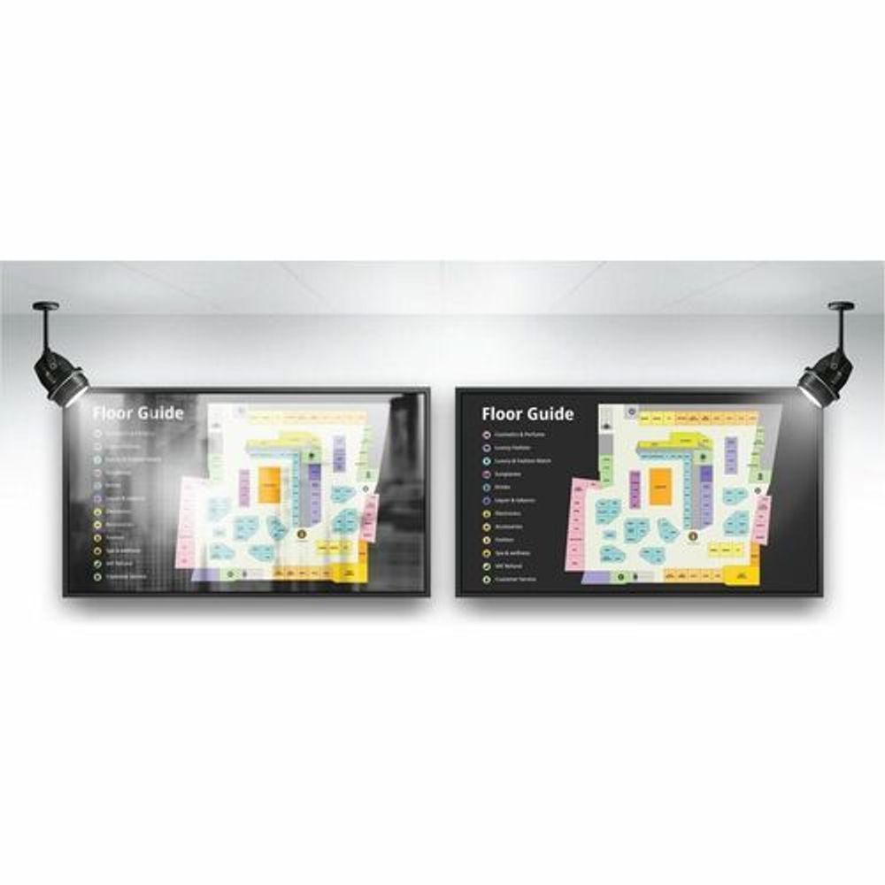 Pair of wall-mounted digital signage displays showing floor guide diagrams