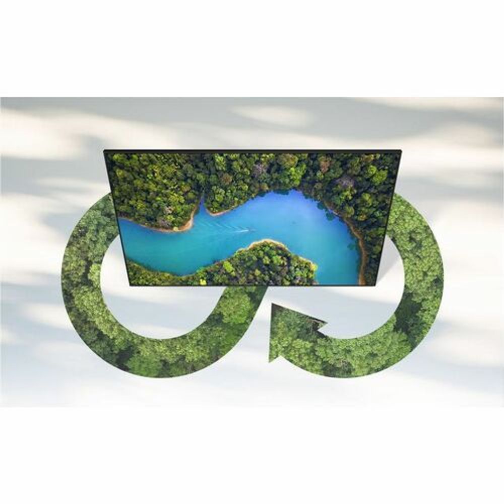 42.5-inch digital signage display showing recycling-themed landscape graphic