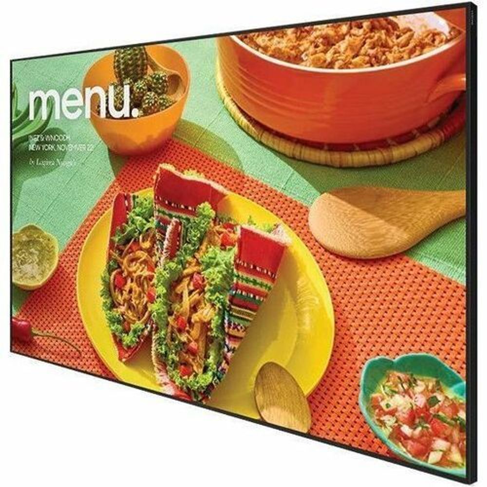 Samsung digital signage LCD with vibrant food menu artwork on screen