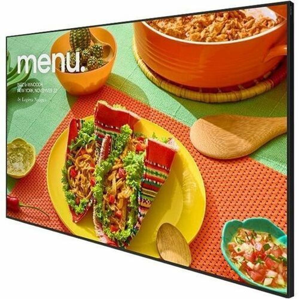 54.5-inch digital signage LCD display angled view showing menu food graphic
