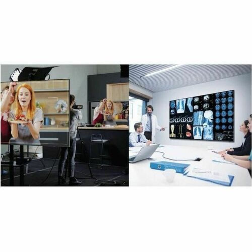 Samsung digital signage display in meeting space showing live presenter video