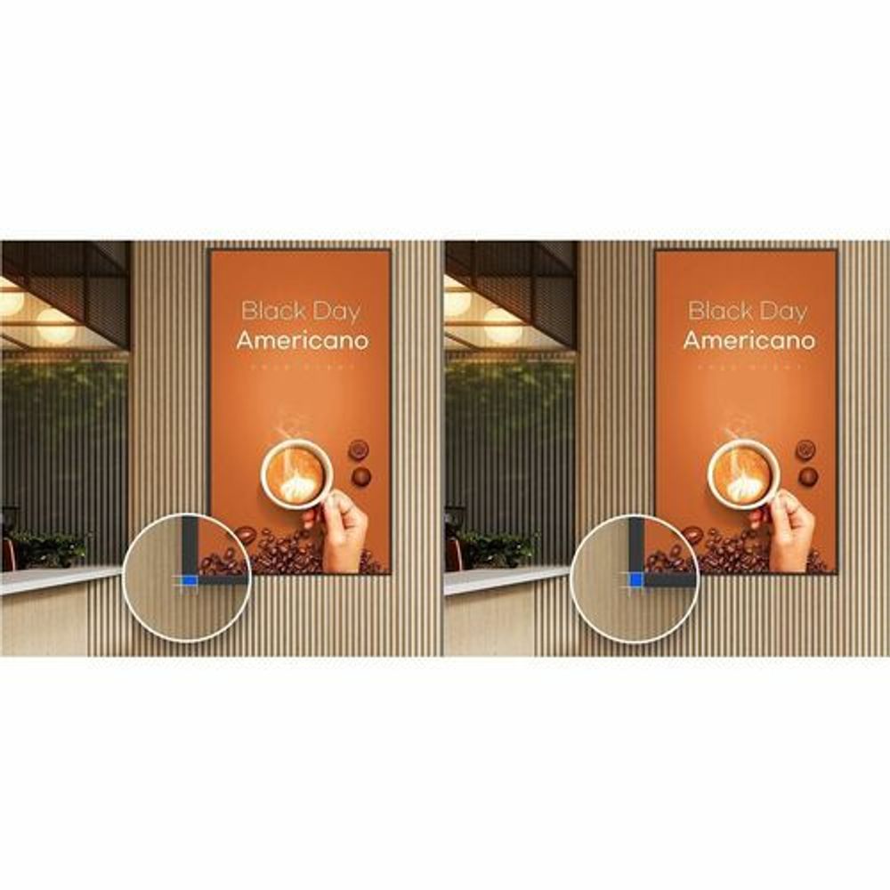 Samsung digital signage display showing cafe ad slides with circular progress overlay