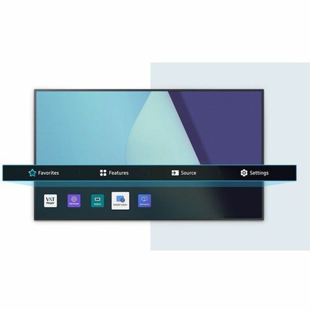 Samsung digital signage display showing on-screen menu bar and app icons