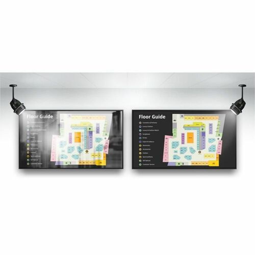 55-inch LCD digital signage displays with floor guide graphics and ceiling mount hardware.