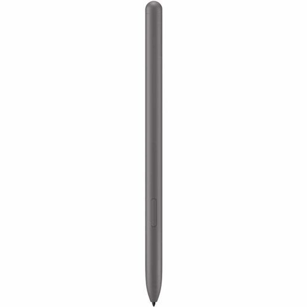 Gray stylus pen side view with button area near the middle.