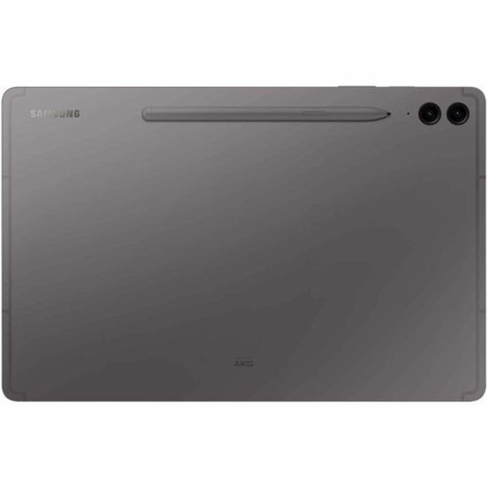 Rugged tablet back in gray with stylus slot and dual rear camera lenses.