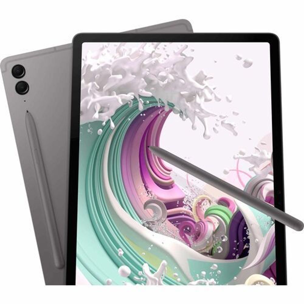 Tablet front with colorful wallpaper and gray stylus, shown with another tablet behind.