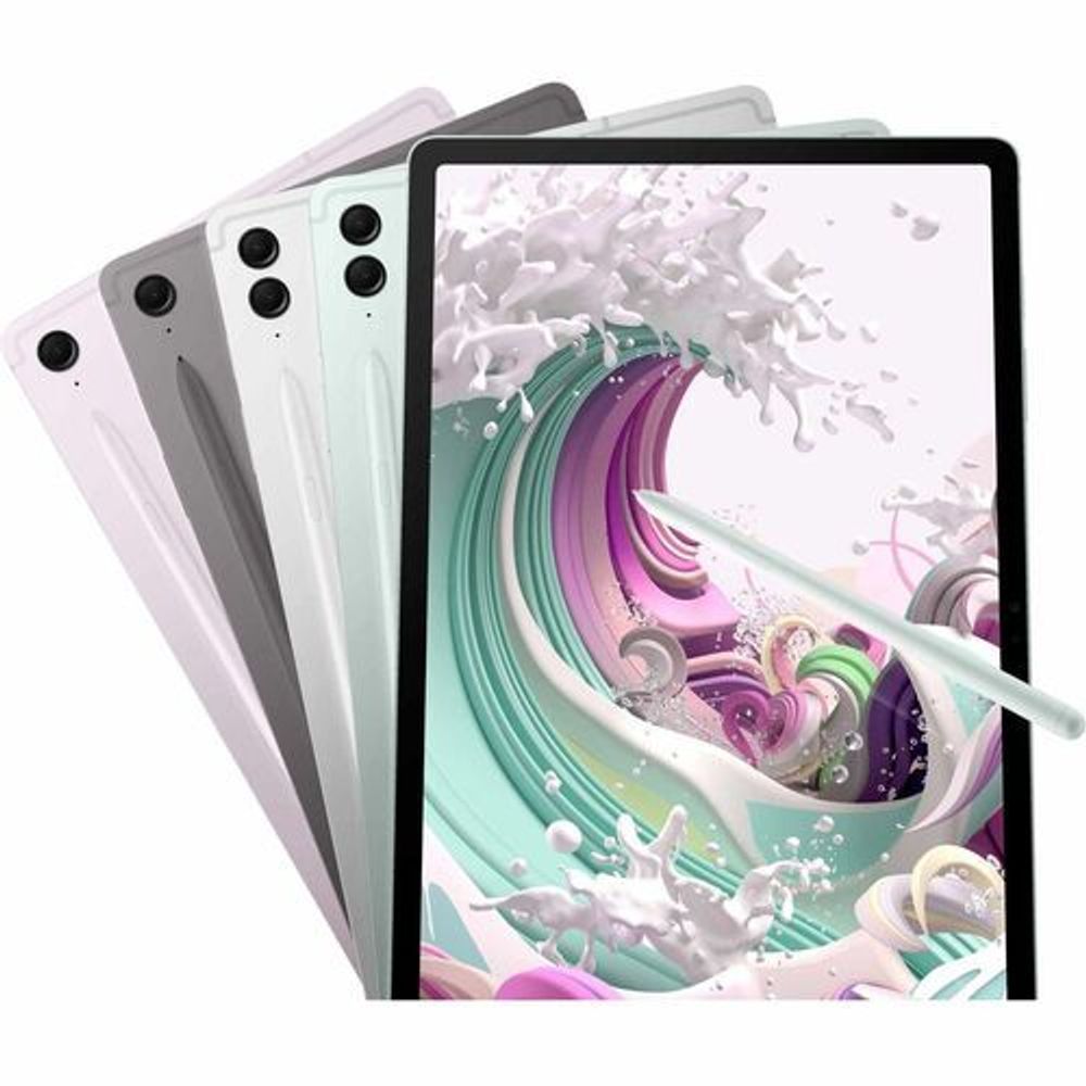 Group of gray and white tablets with colorful screens and gray stylus.