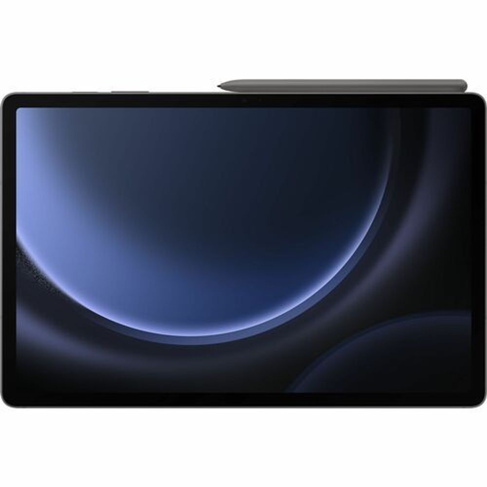 Samsung rugged tablet front view with blue wallpaper and stylus on top