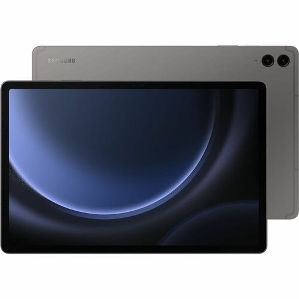 Gray rugged Samsung tablet back with dual cameras and front screen close-up