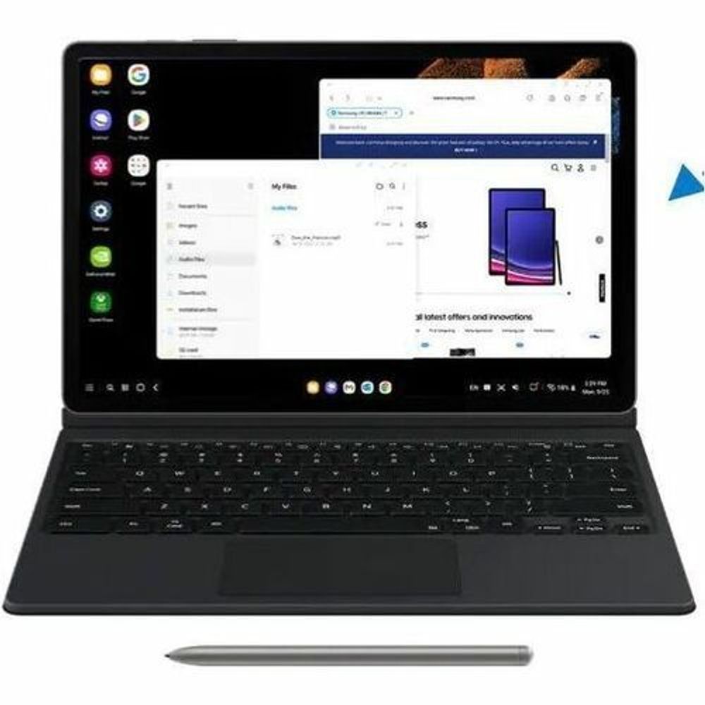 Rugged Samsung tablet with keyboard and stylus, screen on, front view
