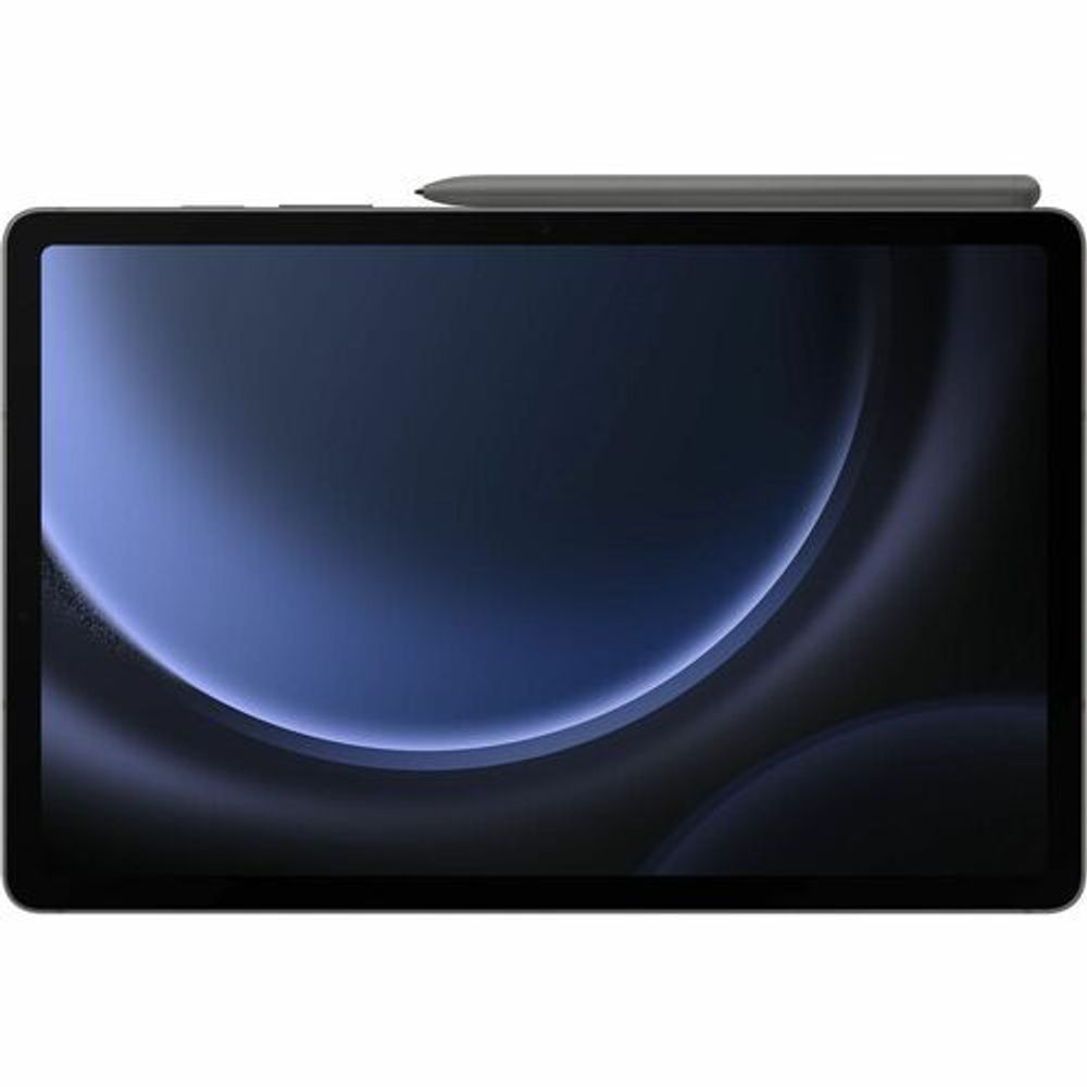 Samsung tablet front with dark bezel and blue abstract display with stylus