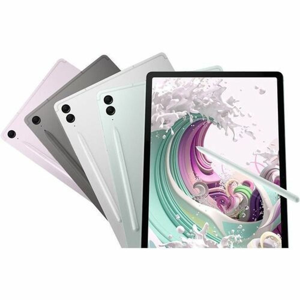Samsung tablets in pastel colors stacked with screens visible