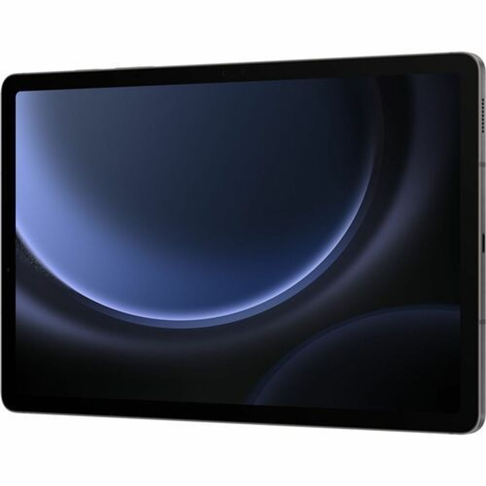 Samsung tablet front angled view with dark bezel and blue abstract display