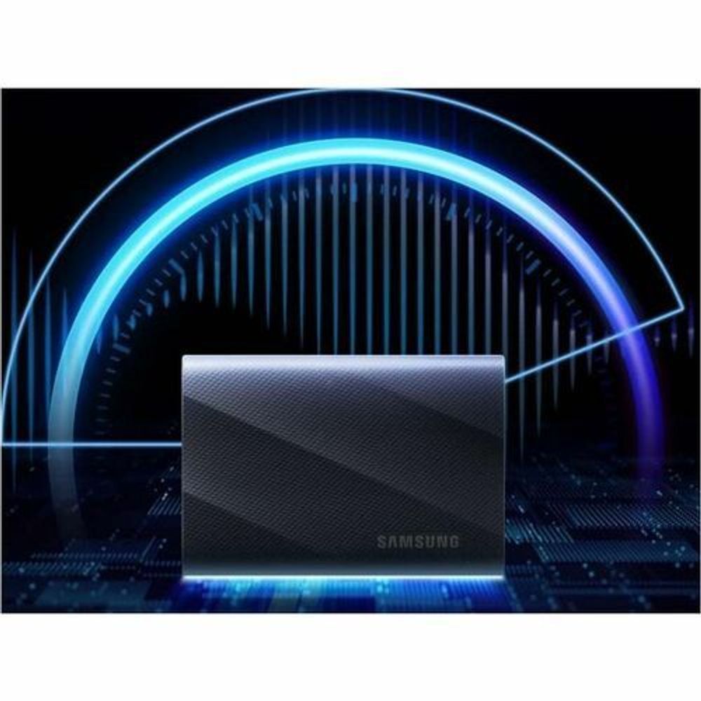 Black rectangular portable SSD with Samsung branding, shown centered in light ring graphic.