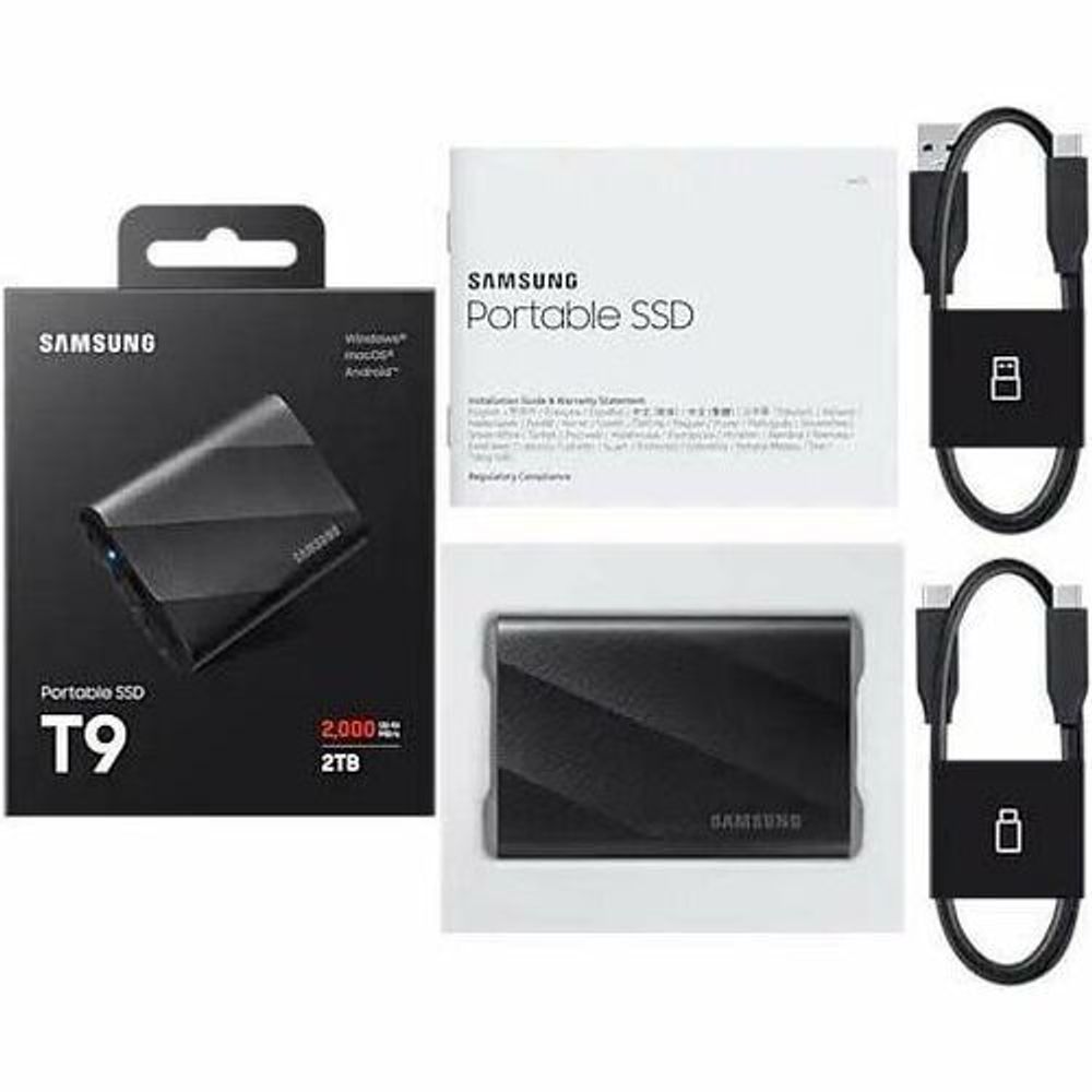Samsung T9 portable SSD kit with drive, cable, and product packaging