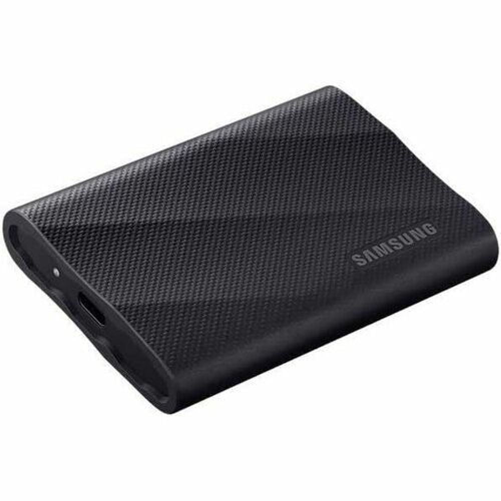 Black portable SSD with Samsung logo and textured grip pattern; ports visible at one end.