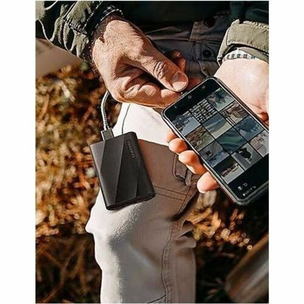 Black portable external SSD drive with compact rectangular body