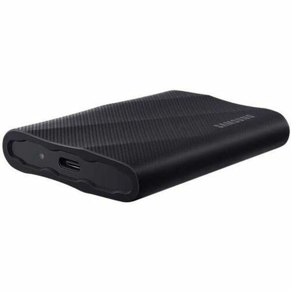 Black portable SSD side view with USB-C port and slim rectangular design