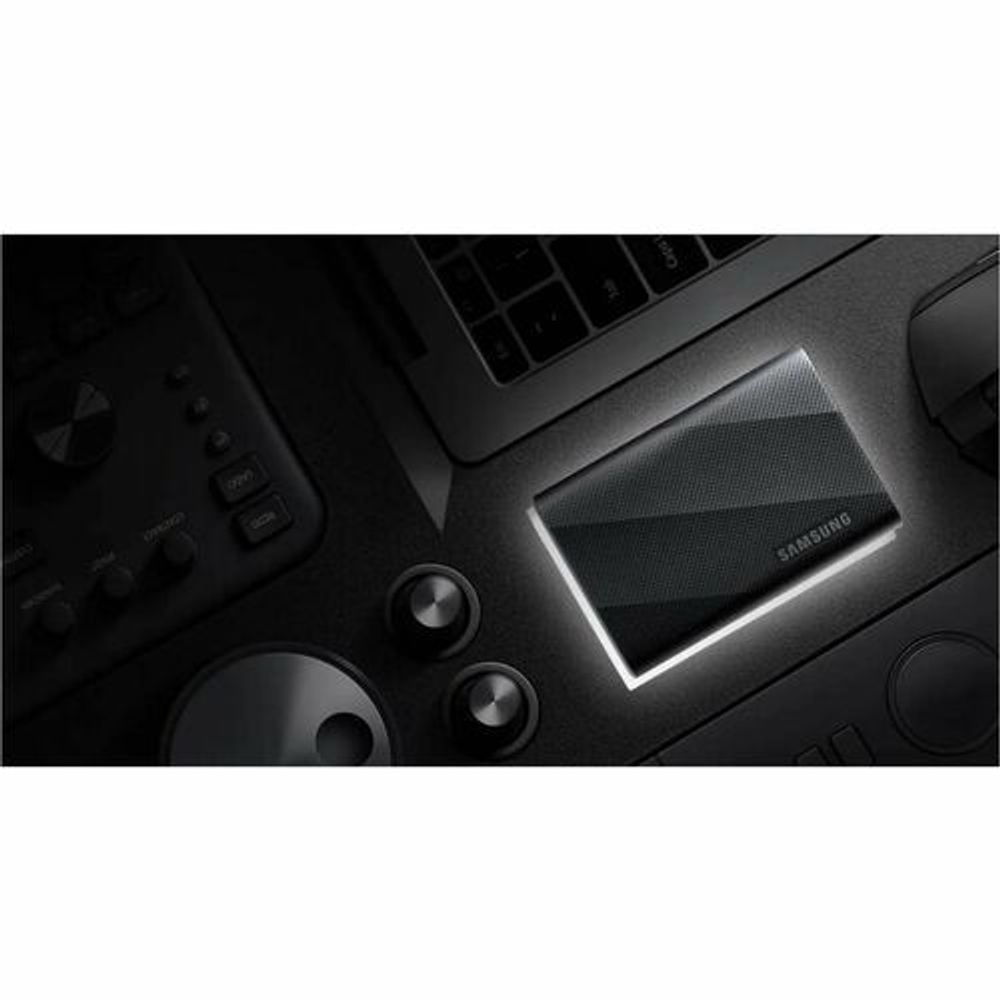 Black Samsung T9 portable SSD with textured surface and visible logo panel.