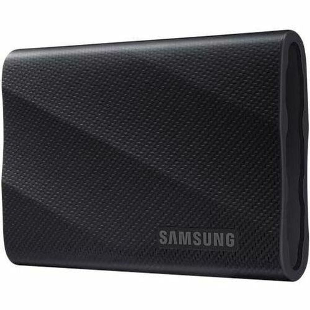 Black Samsung portable SSD with fine-grain texture and embossed logo