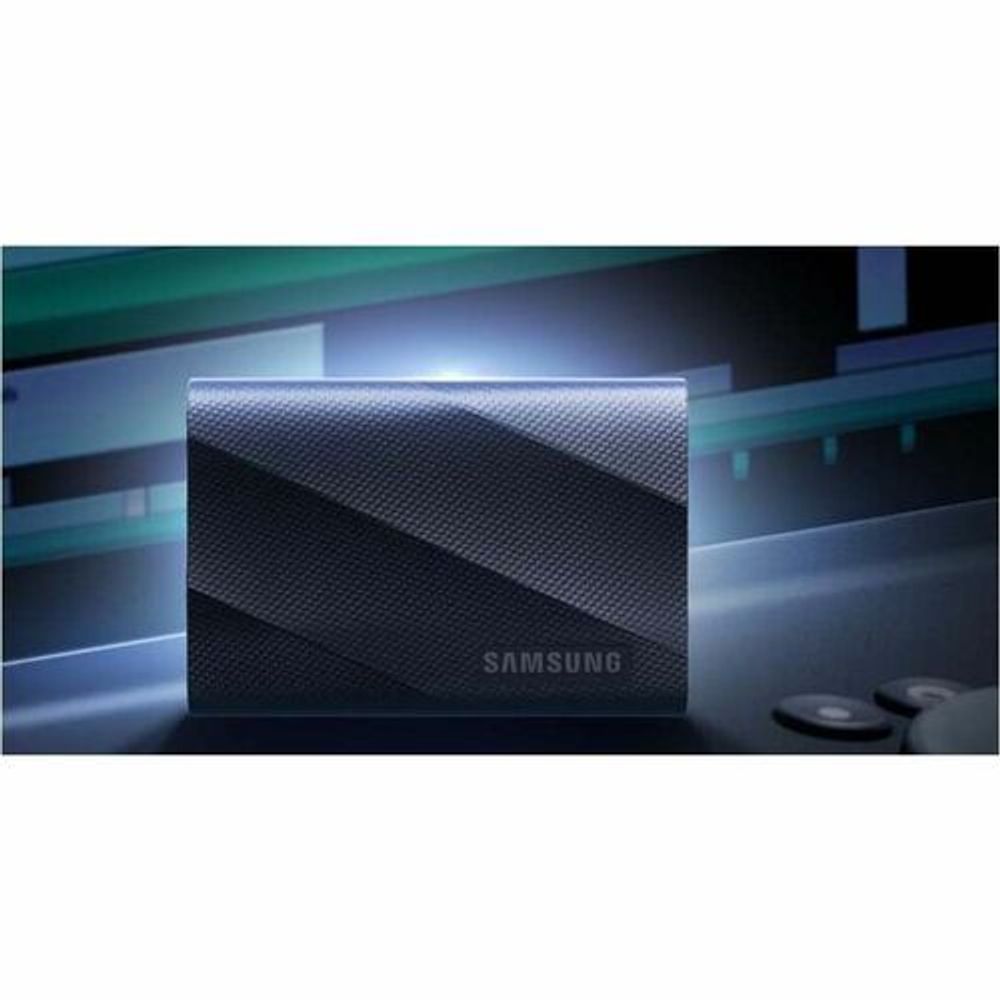 Black Samsung portable SSD with textured top surface and centered logo